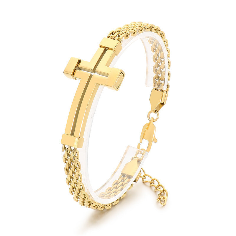 Men Wear – Stainless Steel Curved Bar Hollow Cross Men's Bracelet Can Be Adjusted