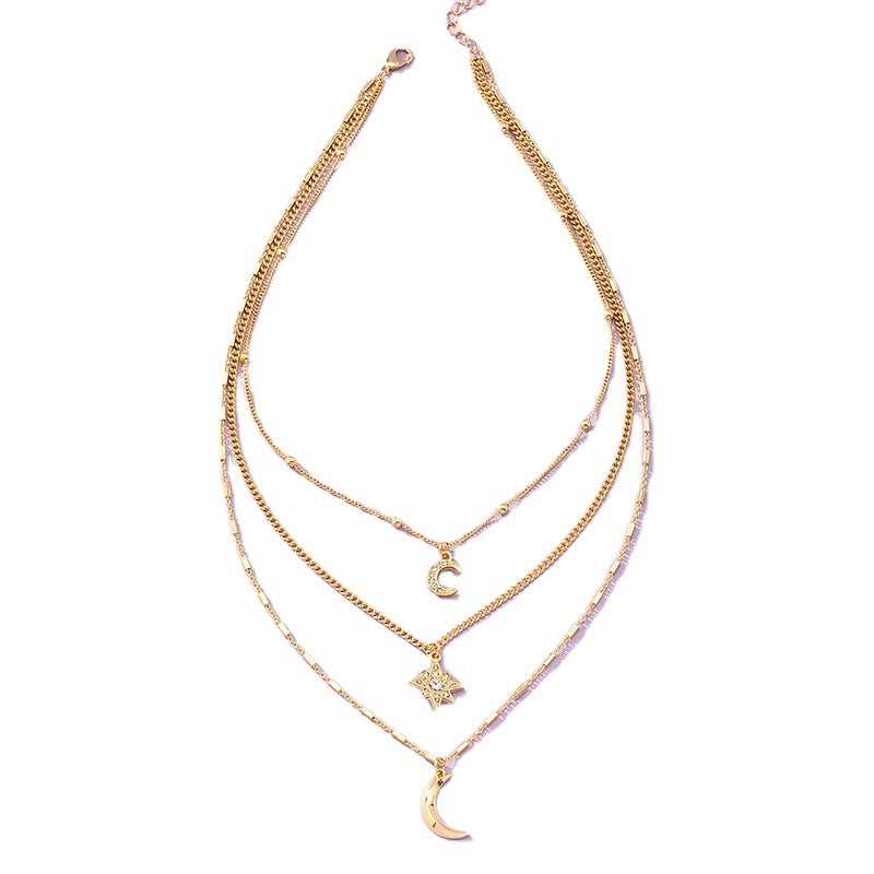 Stylish Three-Layer Star Moon Necklace - Vienna Verve Collection