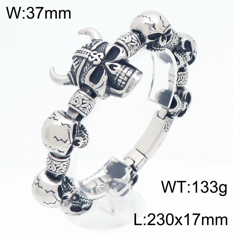 Layered Ghost Head – Punk Style Viking Horn Skull Men's Stainless Steel Bracelet
