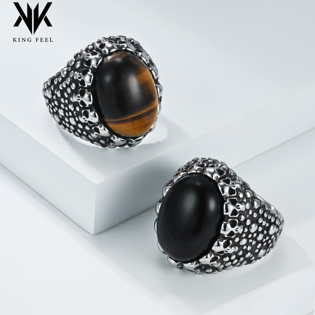 Punk Skull Tiger Eye Stone Stainless Steel Ring Men's Dark Street
