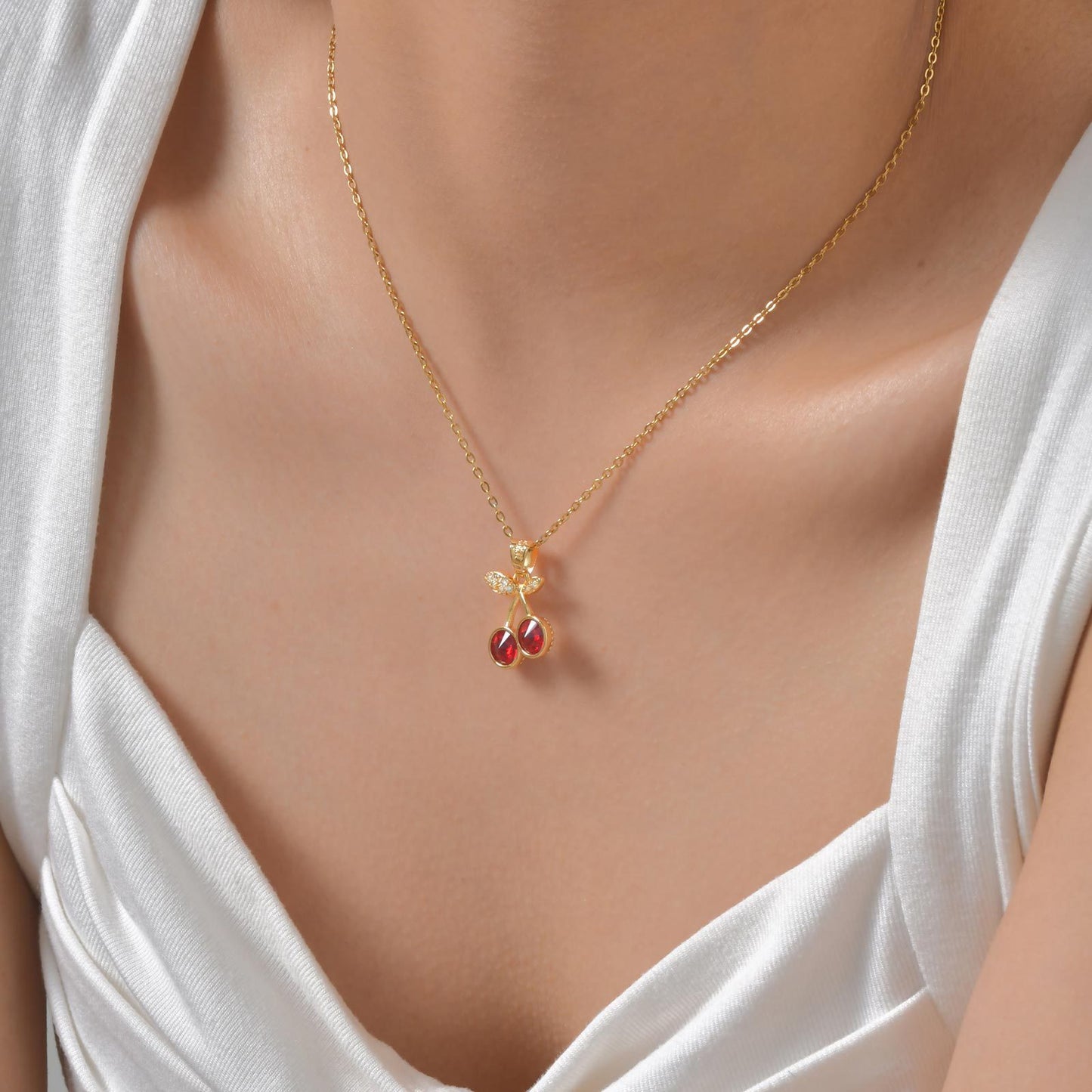 Copper Material Style Cherry Fruit Zircon Design Pendant Necklace