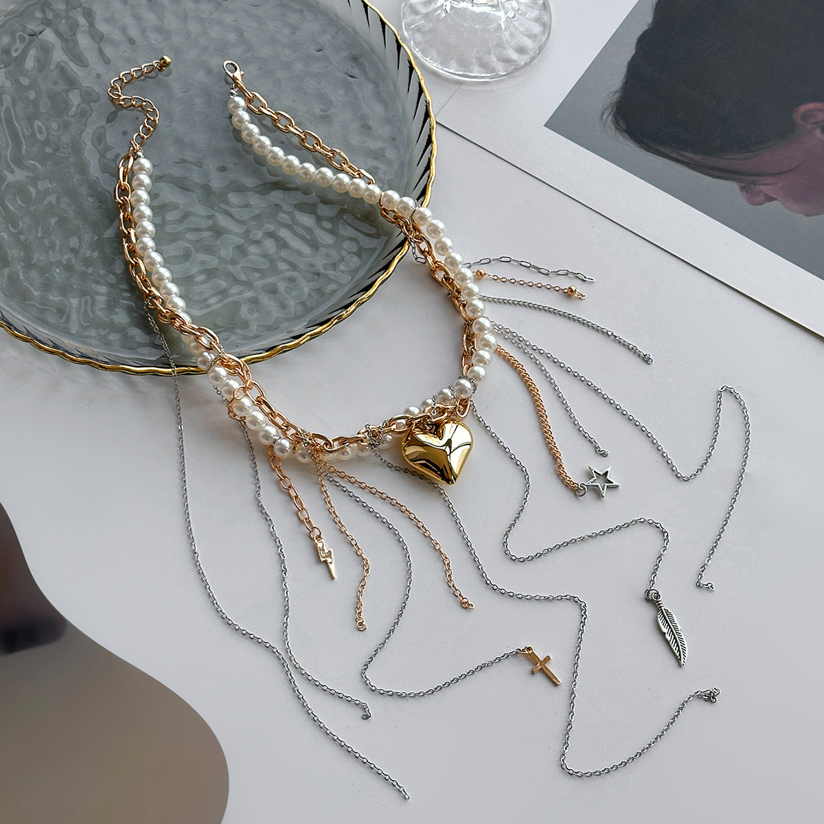 European and American cross-border jewelry exaggerated metal rivet cross necklace fashionable multi-layer imitation pearl star and moon fringed necklace