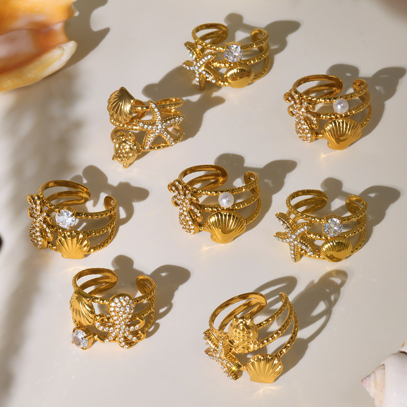 Planderful Ocean Zircon Shell Ring 18K Gold Plated Lovers