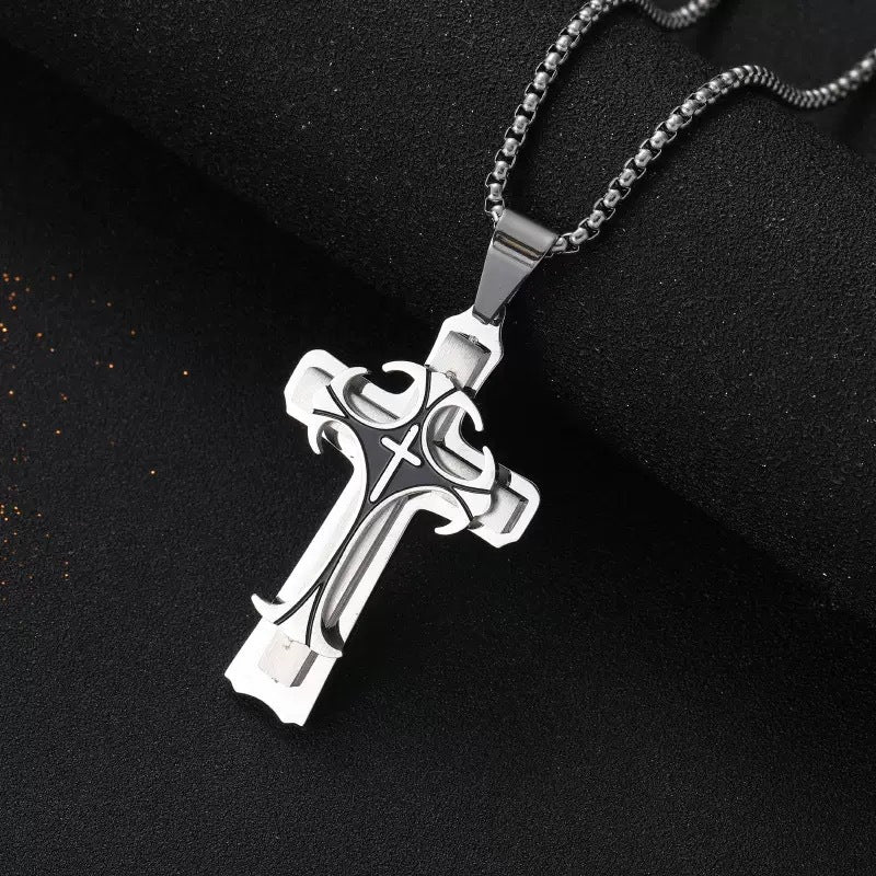 Planderful Three Layer Cross Pendant Necklace Stainless Steel For Men Punk Fashion Accessory
