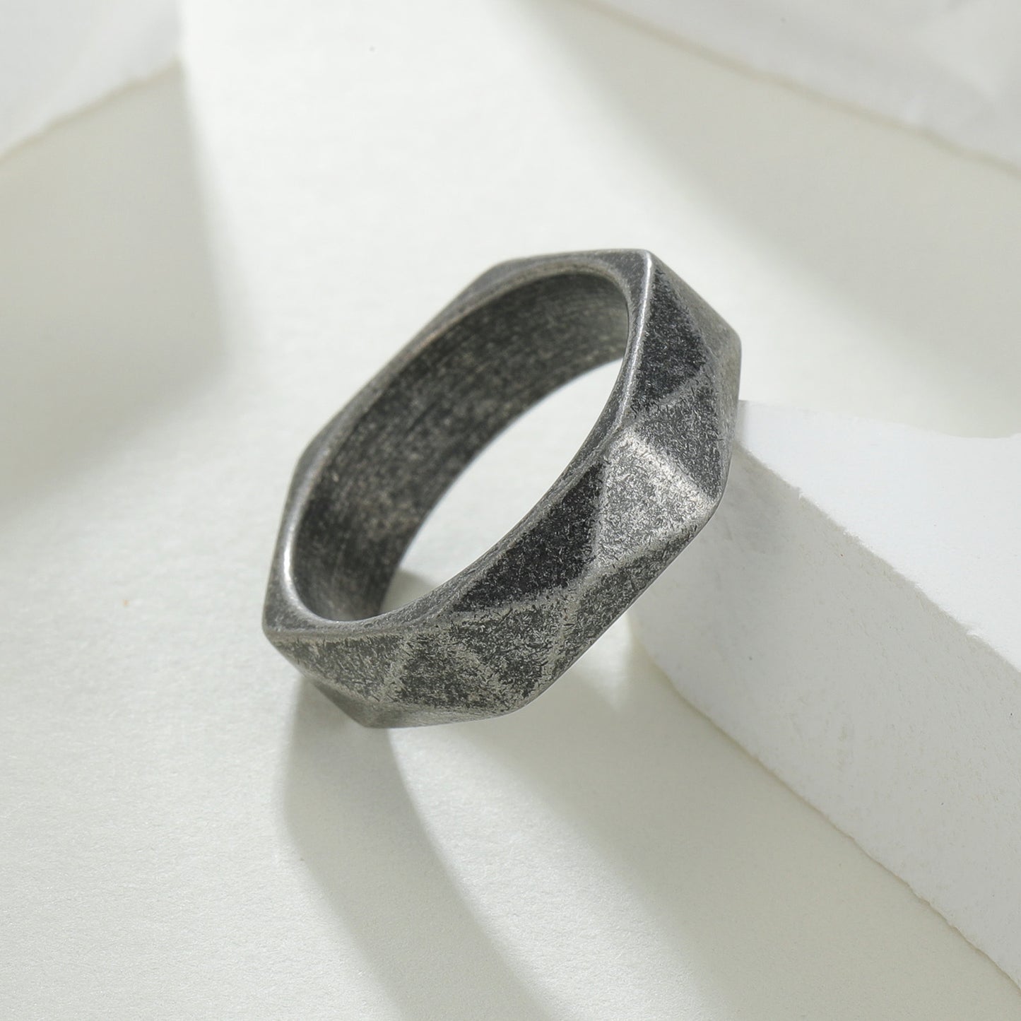 Planderful Titanium Steel Ring Unisex Hipster Rhombus Design With Mechanical Cut Surface Ancient Silver Finish