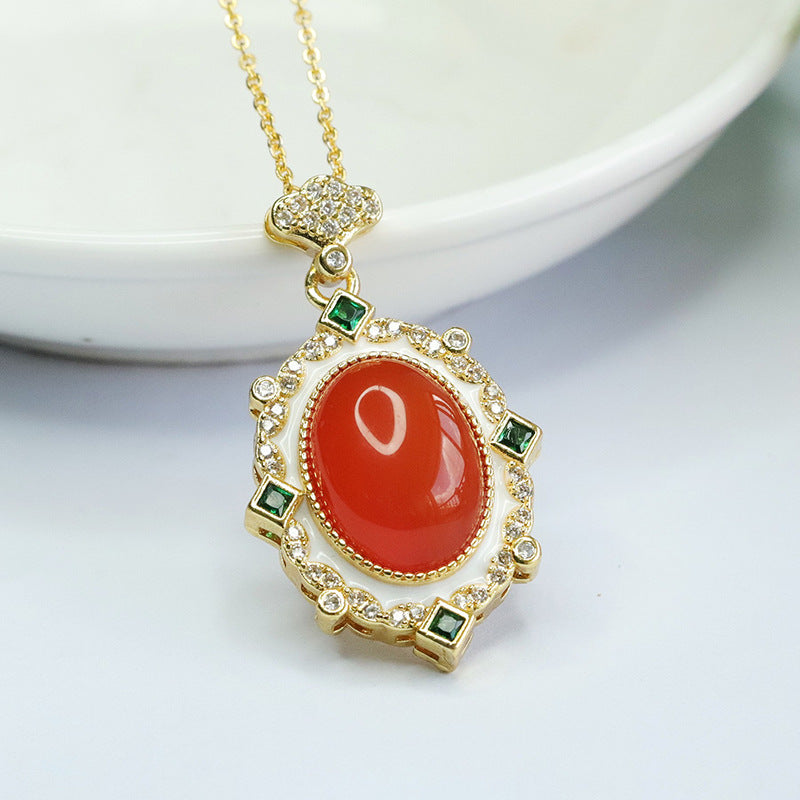 Red Agate Zircon Pendant Necklace with Sterling Silver Chain