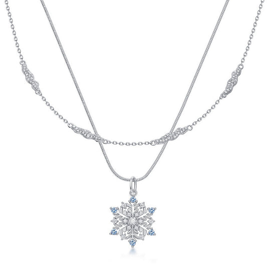 Blue and White Zircon Snowflake Pendant Double Stacked Sterling Silver Necklace