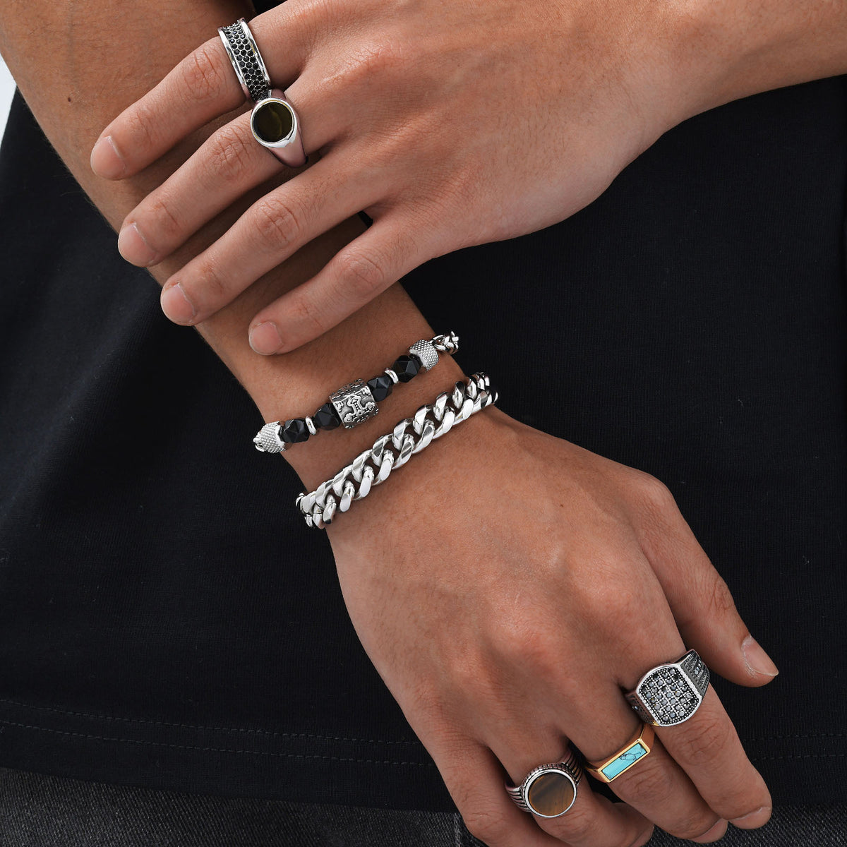 Stainless Steel Hip Hop Zircon Tiger's Eye Ring and Bracelet Men's Turquoise Wear
