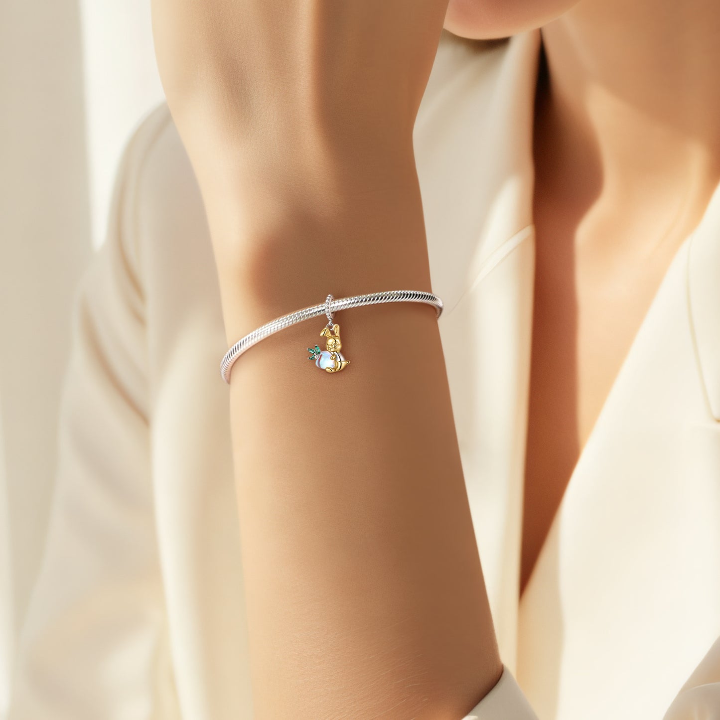 Planderful Jewelry Moonstone Rabbit Pendant in Sterling Silver With 14K Gold Plating