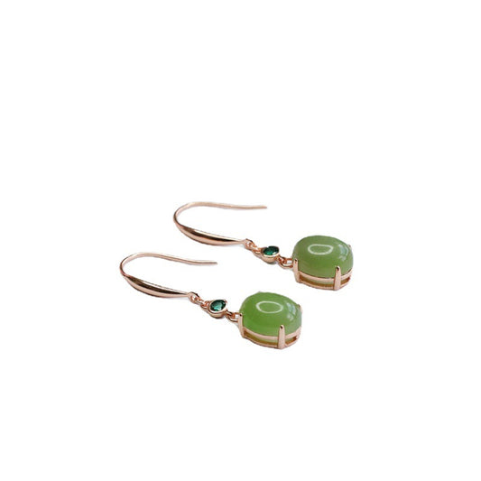 Oval Green Jade Sterling Silver Earrings with Lake Water Design
