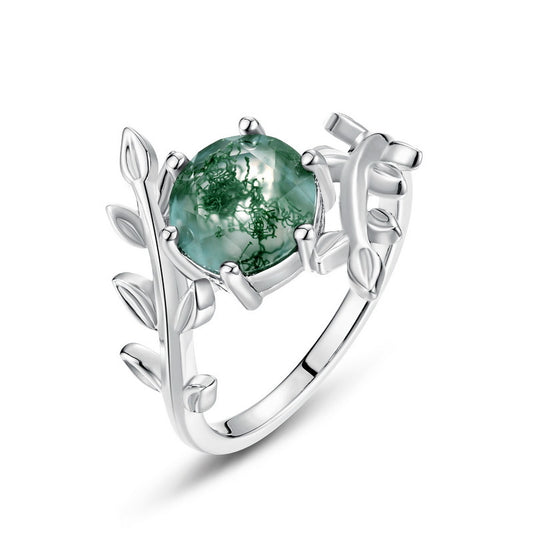 S925 Sterling Silver Moss Agate Olive Branch Ring