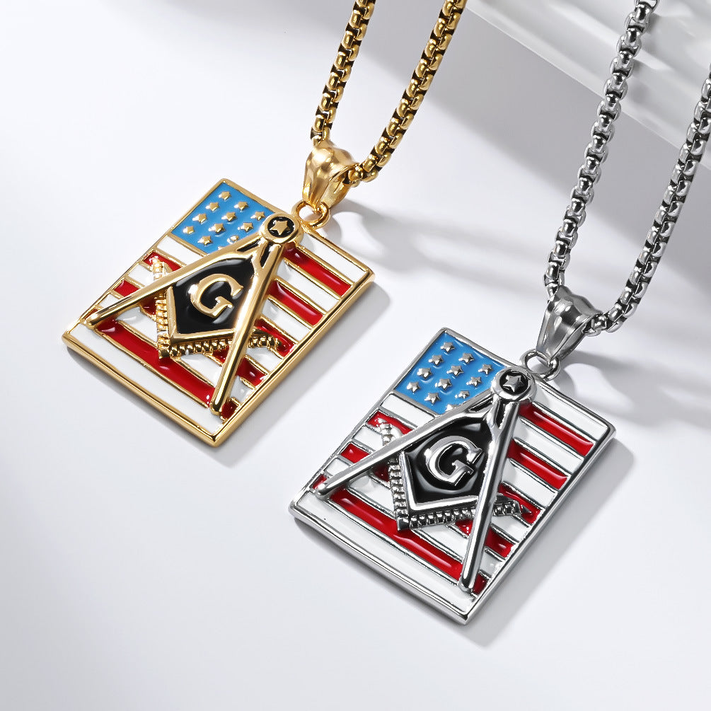 Planderful Freemason Stars And Stripes Necklace For Men Everyday Genie Stainless Steel Hip Hop Pendant
