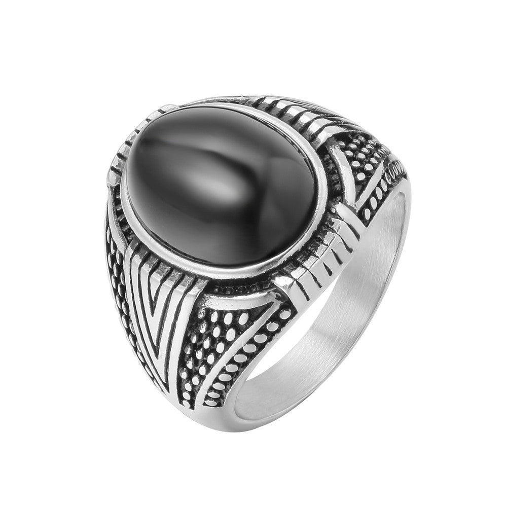 Planderful Titanium Steel Ring Unisex Oval Black Stone