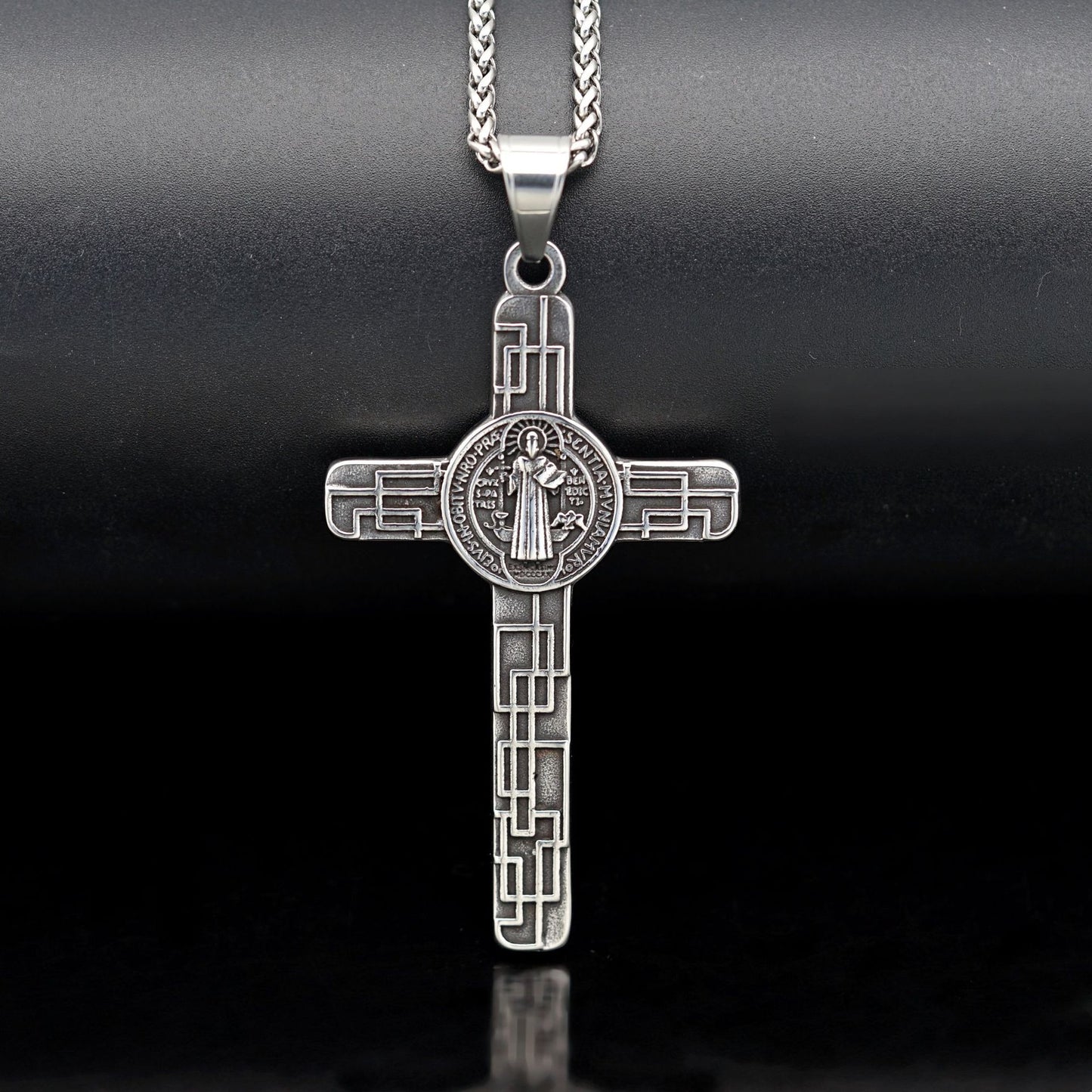 Stainless Steel Necklace - Statement Men's Cross Necklace in Antique Silver Finish