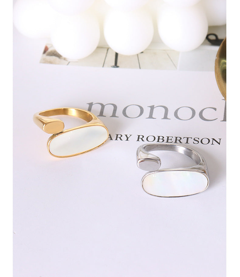 Elegant Mother of Pearl Oval Ring in Gold Plated Titanium Steel