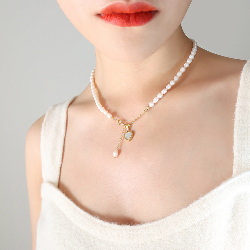 French Style Freshwater Pearl and White Sea Shell Heart Pendant Necklace with Personalized Charm