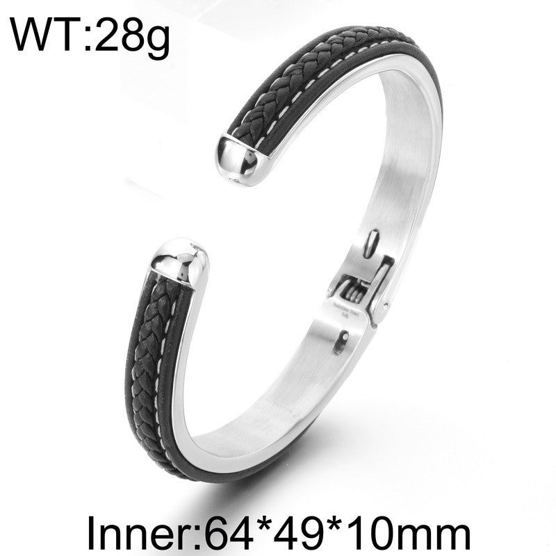 Design Atmospheric Braided Leather Stainless Steel C-Open Bracelet Men's