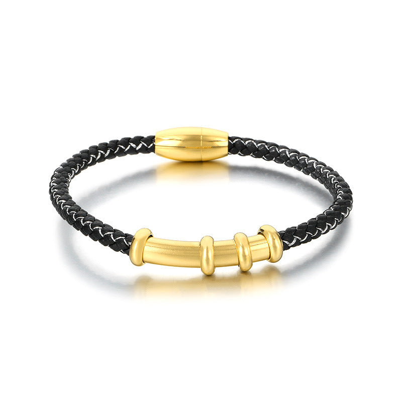 Smooth Curved Tube Leather Rope Bracelet – Woven Leather Rope Magnetic Buckle Men's