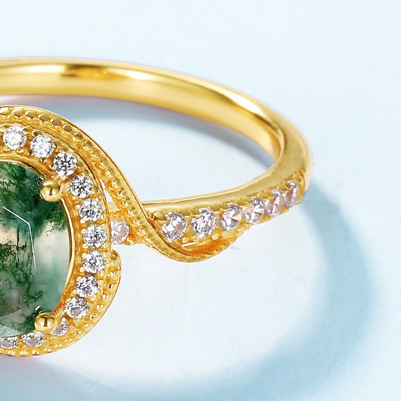 S925 Sterling Silver Gold-Plated Moss Agate Signature Ring