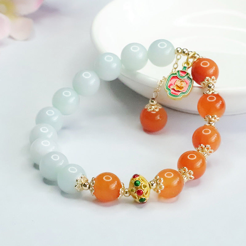 Jadeite Round Bead & Golden Silk Jade 10 mm Beaded Bracelet