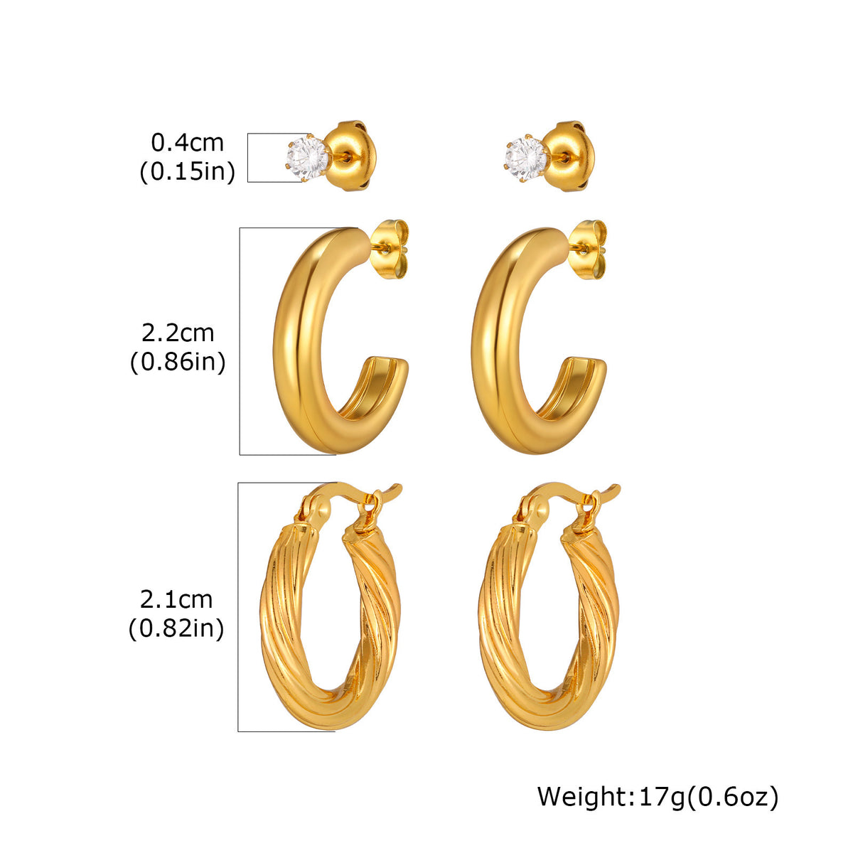 Gold-Tone Earring Set — Crystal Studs or Hoops