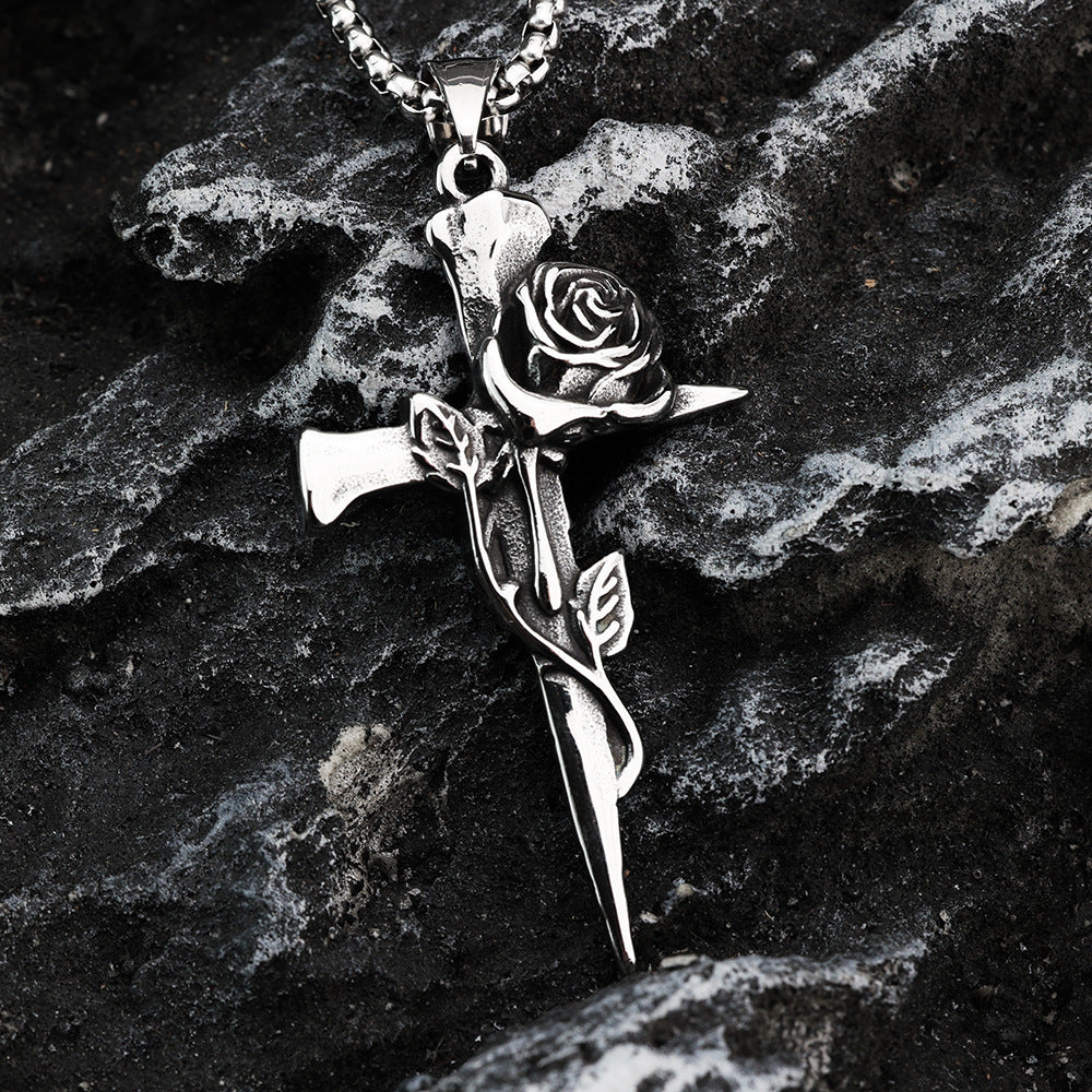 Planderful Rose Cross Pendant Stainless Steel Retro Design Unisex Gift For Men And Women