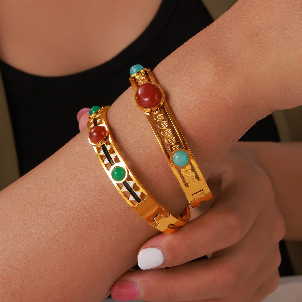 Golden Glaze Natural Stone Bracelet with Retro Design
