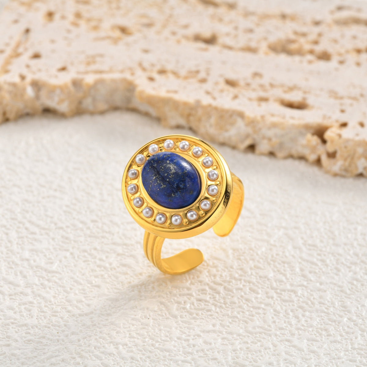 Stainless Steel Faux Pearl Oval Lapis Lazuli Open Ring – Style For Women – &