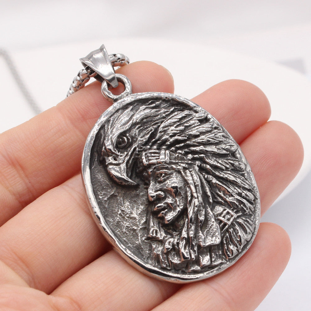 Eagle Amerindian Chief Oval Titanium Steel Pendant for Men