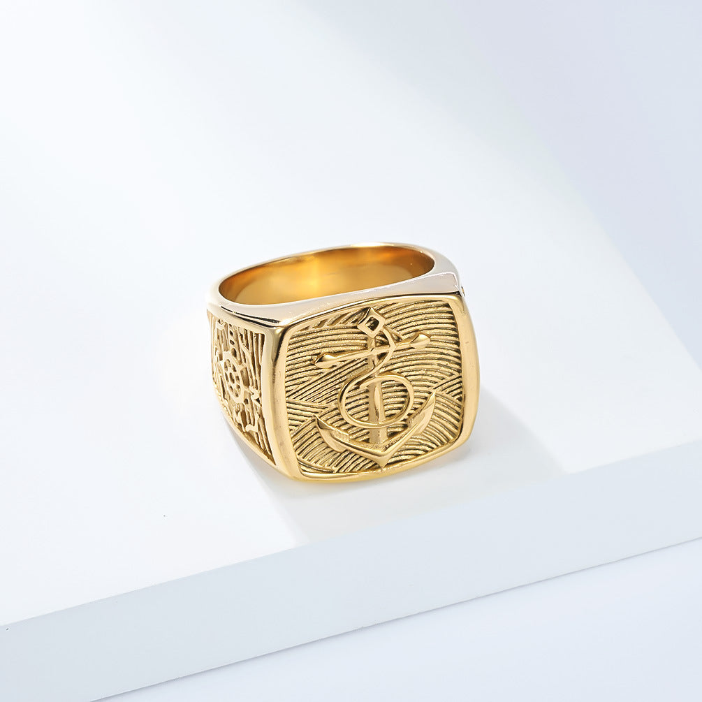 Planderful Mens Titanium Steel Ring Iconic Nordic Viking Anchor Pirate Compass Design For Men