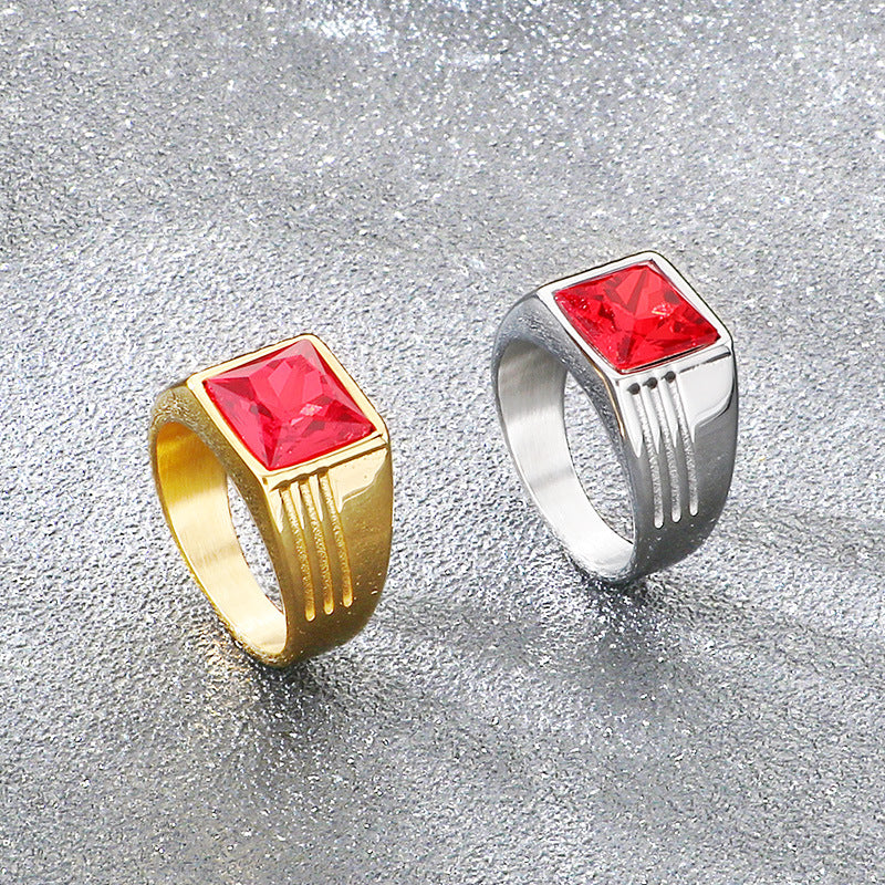 Popular Vacuum Electroplated Rings, Retro Square Red Gemstone Titanium Steel Trendy