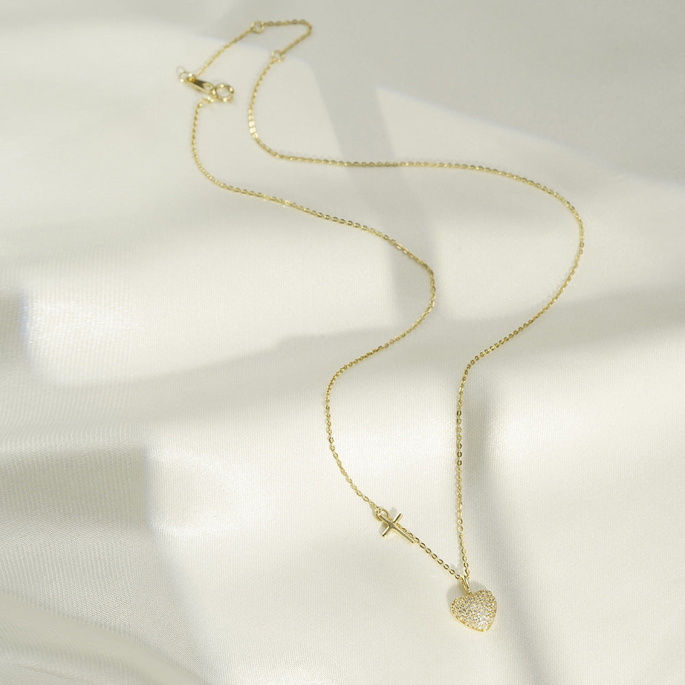 Korean S925 Silver Necklace Female Full Zircon Love Cross Pendant