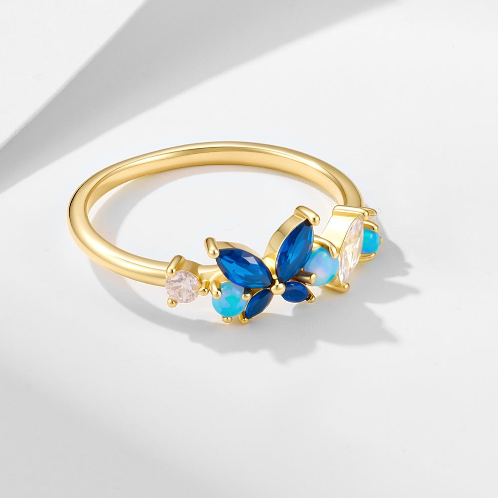 S925 Sterling Silver Zircon Opal Butterfly Ring
