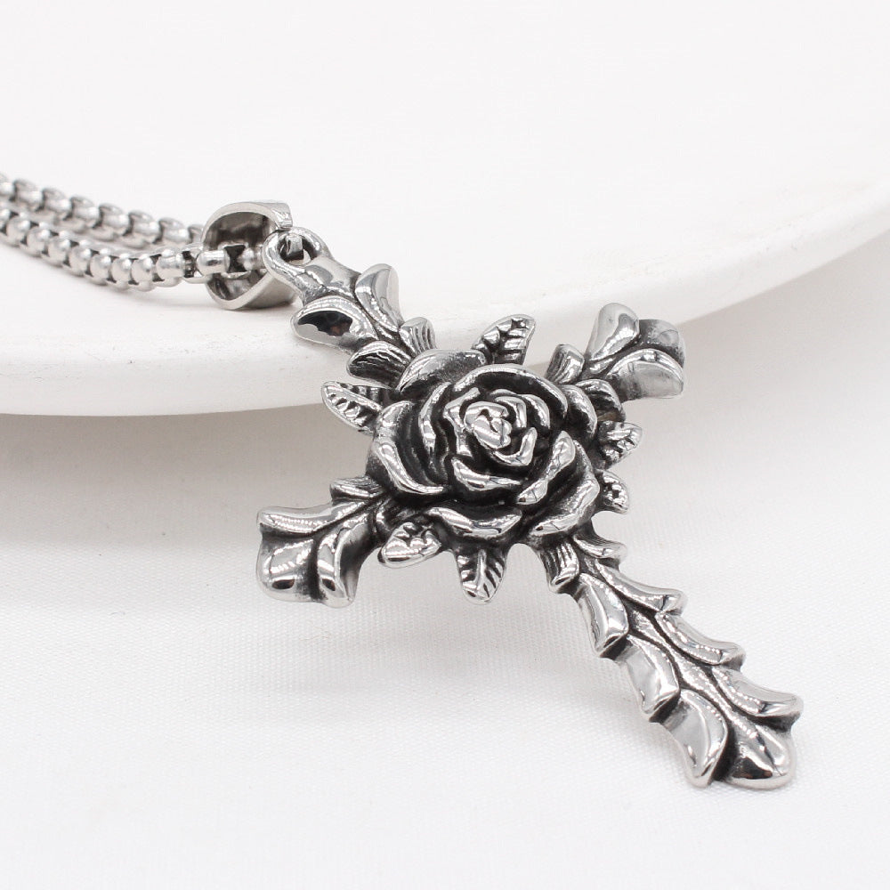 Titanium Steel Rose Cross Pendant Necklace Unisex For Men And Women Protection Statement Planderful Everyday Genie