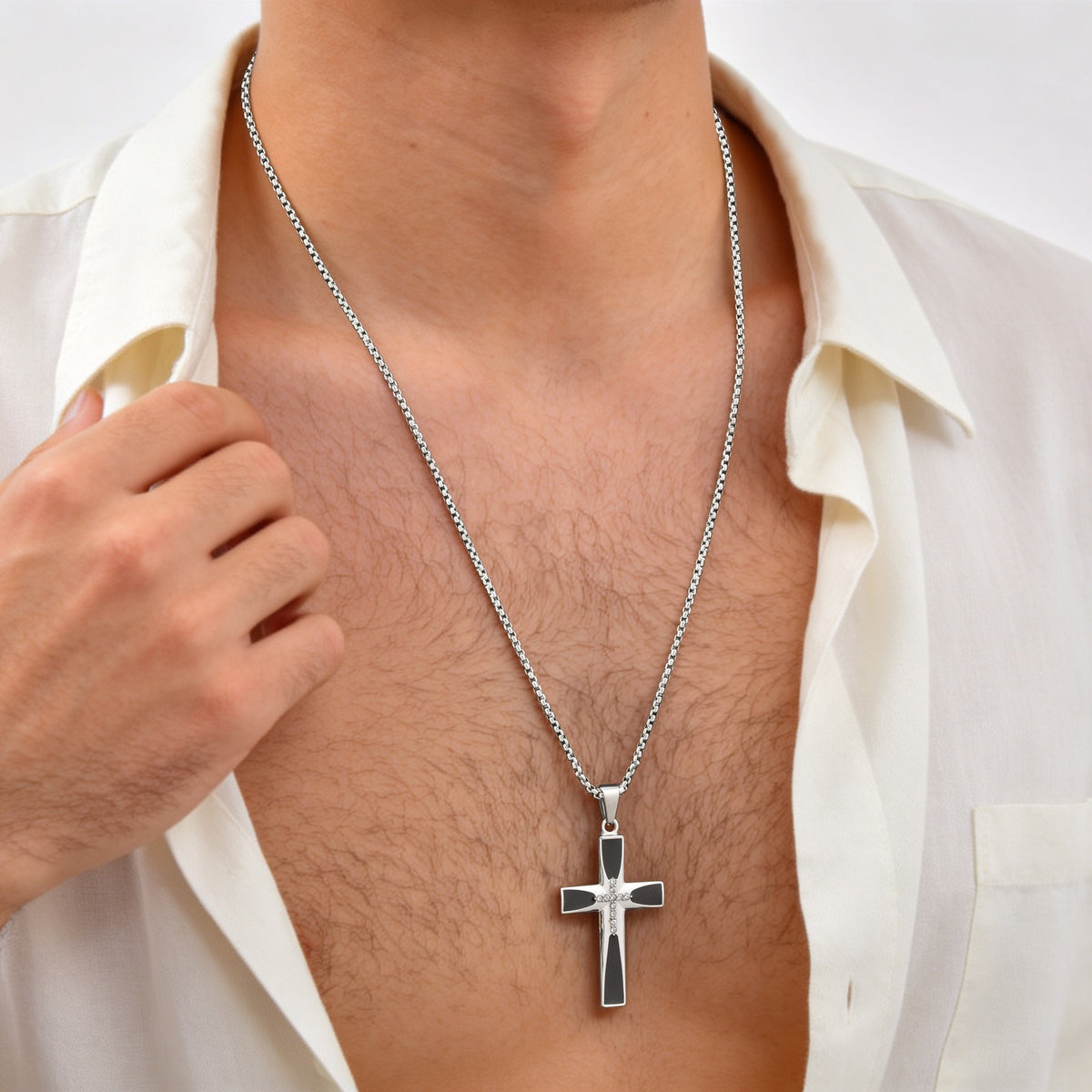 Stainless Steel Acrylic Zircon Cross Men's Pendant Necklace