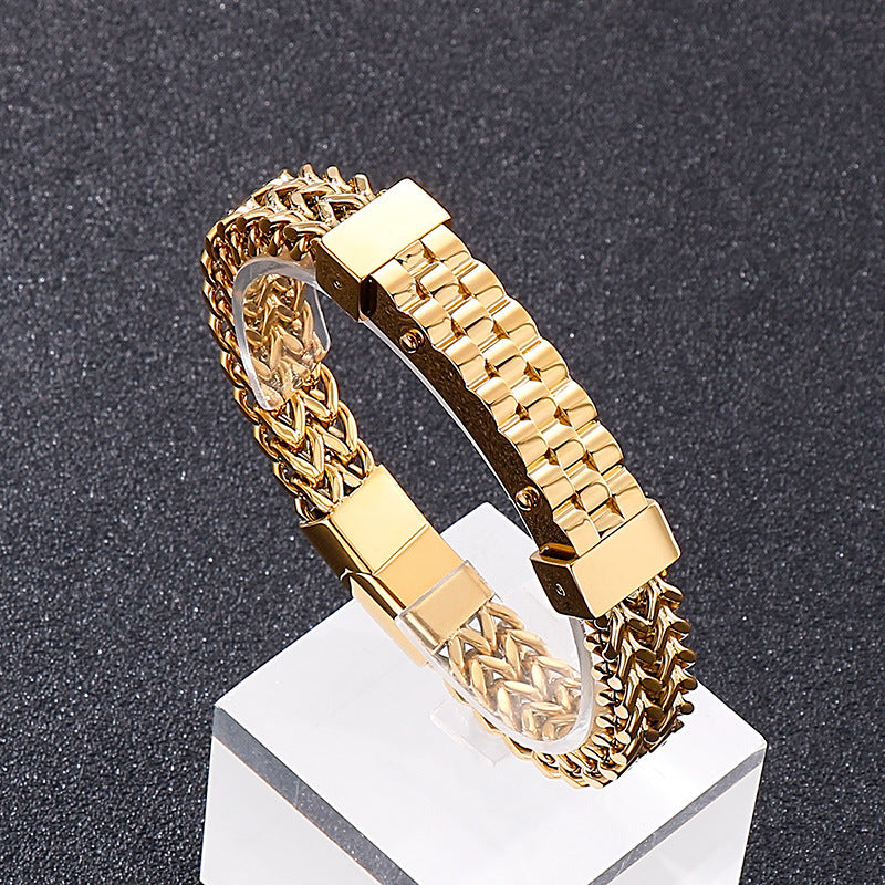 Trendy Men's Hip-Hop Style 18K Gold-Plated Titanium Steel Bracelet with Front and Back Chain Design