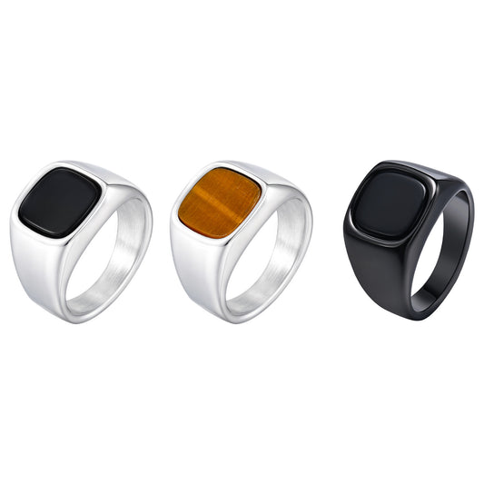 Stainless Steel Tiger Eye Men Ring Square Index Finger