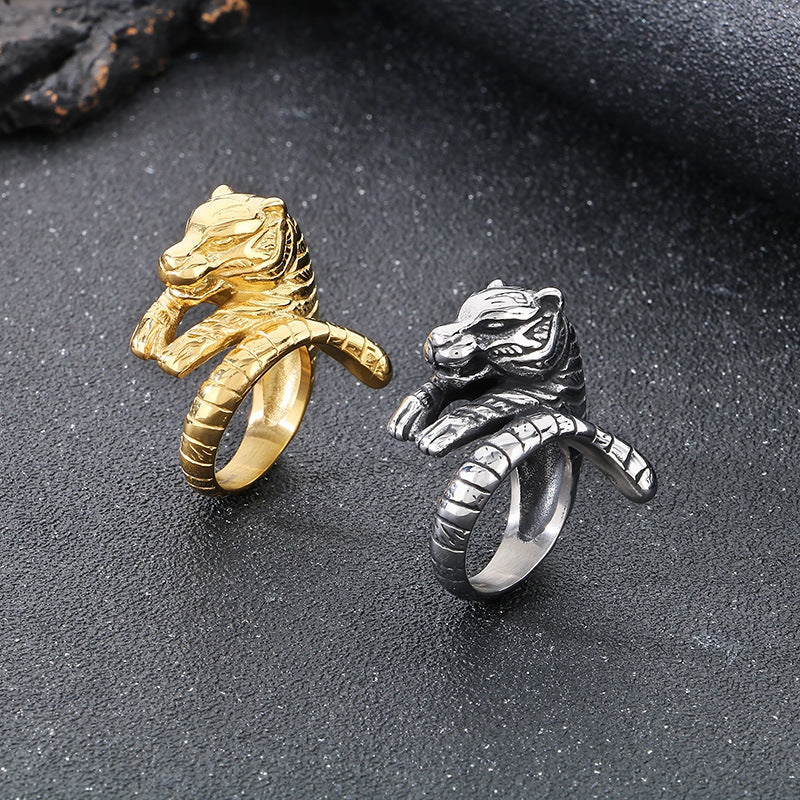 Planderful Zodiac Tiger Head Ring Mens Titanium Steel
