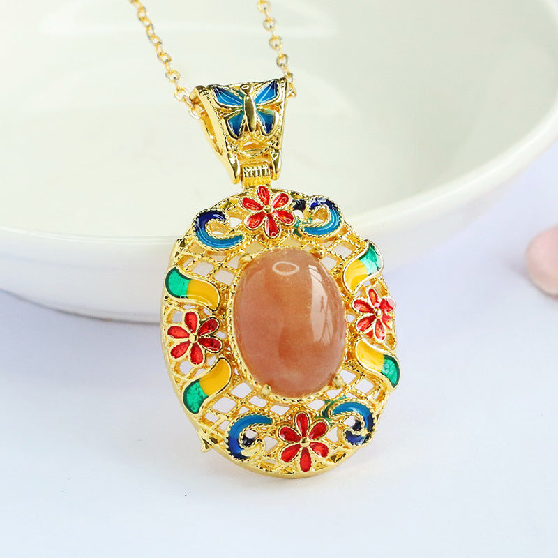 Orange Moonstone Enamel Petal Pendant — No Chain