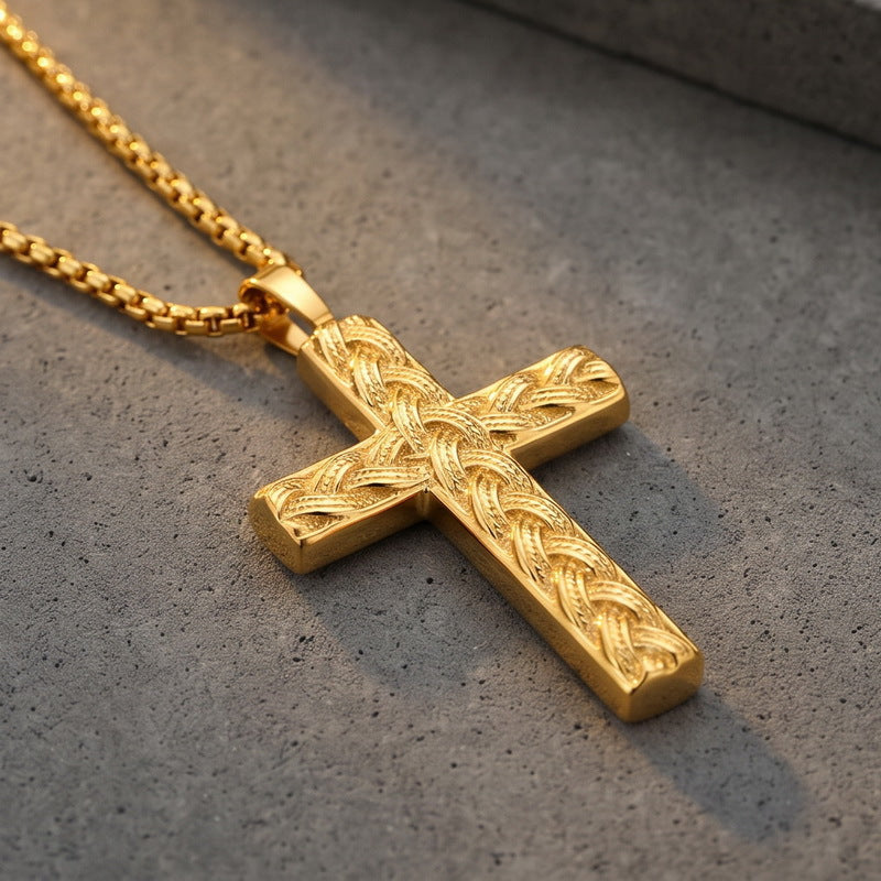Hip Hop Stainless Steel Round Bead Chain Necklace Simple Twist Cross Pendant Square