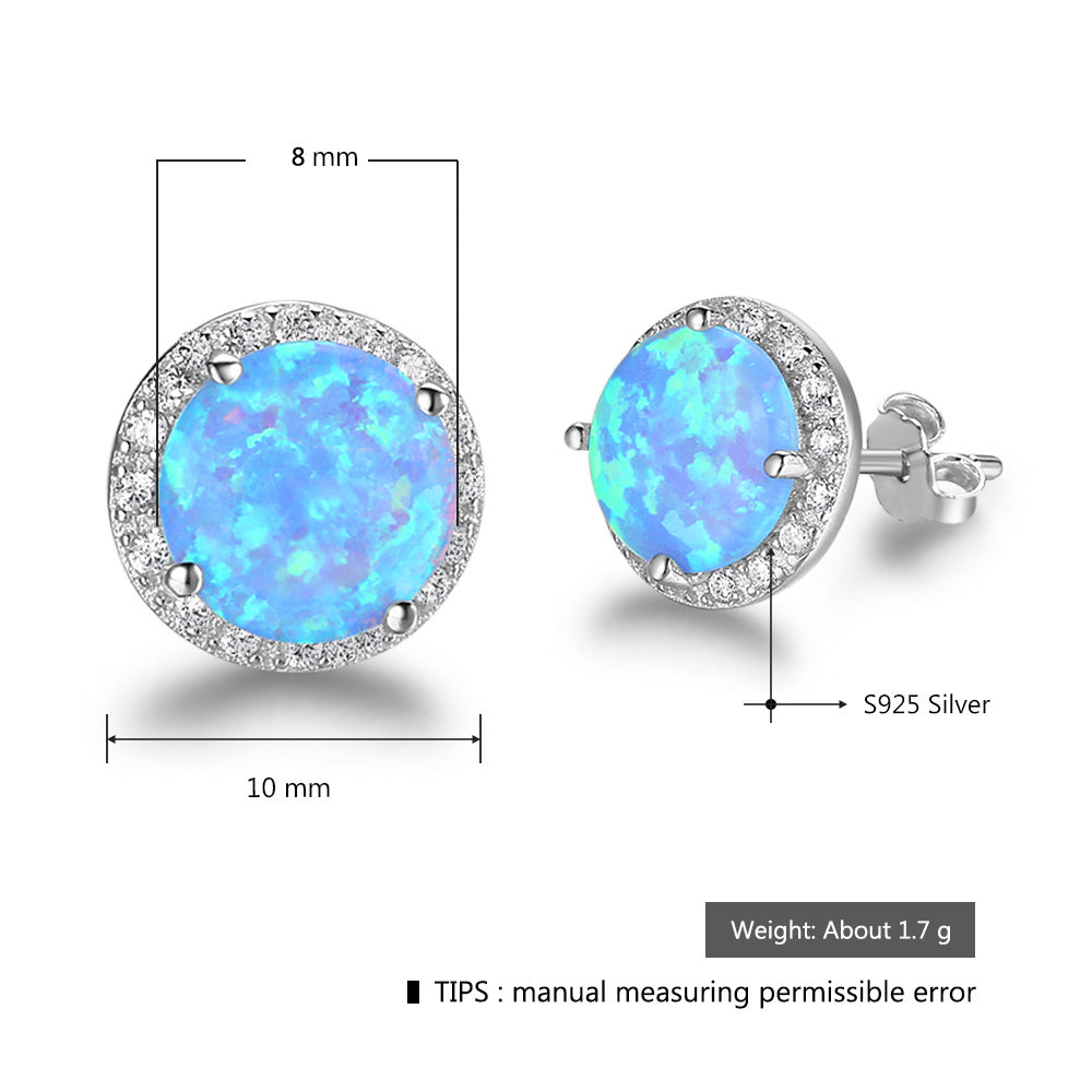 Planderful Jewelry Sterling Silver Opal Stud Earrings with Zircon Halo in Blue Round Opal
