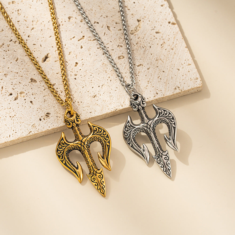 Stainless Steel Neptune Trident Necklace By Planderful For Men And Teens Bold Retro Pendant