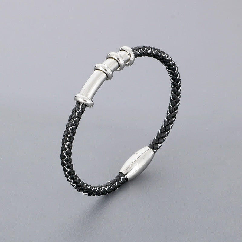 Smooth Curved Tube Leather Rope Bracelet – Woven Leather Rope Magnetic Buckle Men's