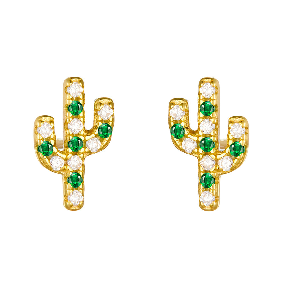 S925 Sterling Silver Cactus Micro-Inlaid Zircon Small Stud Earrings Inlaid Zircon Earrings