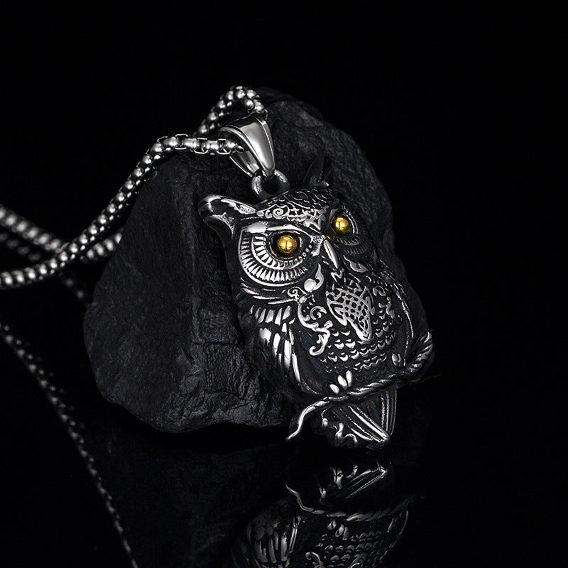 Planderful Owl Skull Pendant Necklace Retro Punk Stainless Steel Statement Jewelry For Goth Fashion