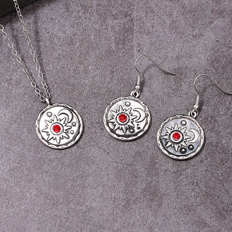Retro Hip-hop Metal Sun Moon Geometric Necklace Earrings Set for Women