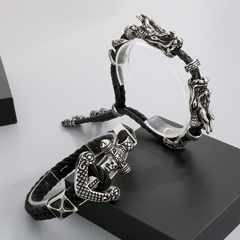 Antique Zodiac Leather Rope Bracelet – Leader Tiger Head Anchor Titanium Steel Men's Leather