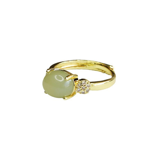Exquisite Natural Hotan Jade and Zircon Sterling Silver Ring