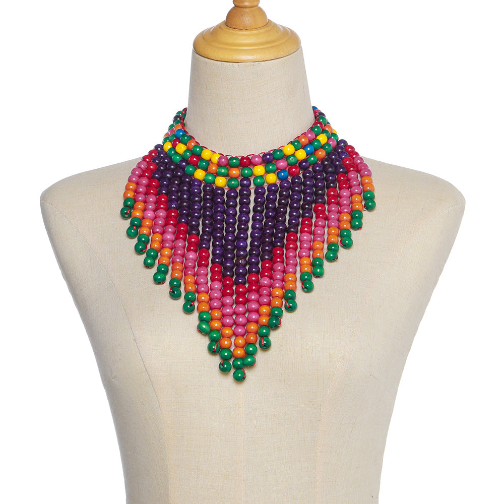 Savanna Rhythms Exotic Wood Bead Necklace with Tassel Triangle Scarf Design Shawl Chain Oversized Accent Necklace