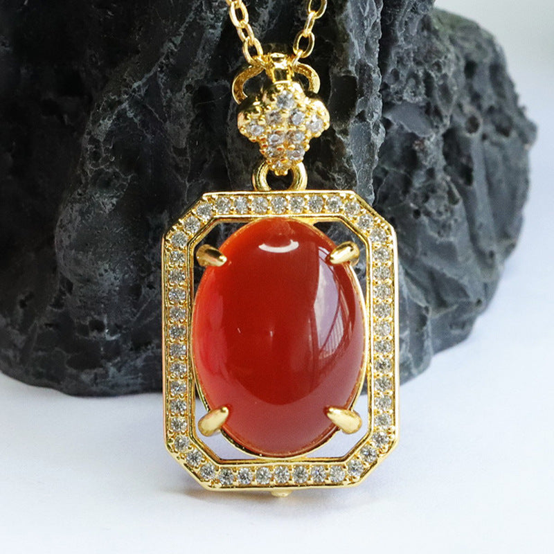 Pigeon Egg Red Agate Rectangle Pendant Zircon Necklace